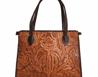 Tooled Leather Shoulder Bag – Floral Embossed Cowhide Tote, Western Hand-Stitched Purse