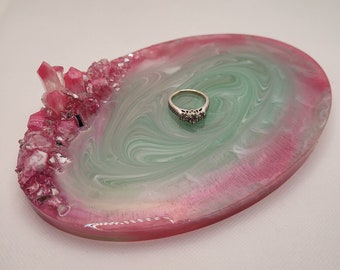 Pink and green crystal tray, resin tray, resin catchall, resin decor, resin crystal tray