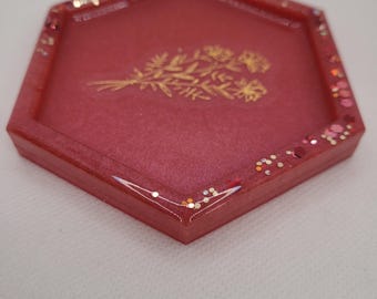 Flower themed ring dish, trinket dish, jewelry dish, resin tray, resin jewelry dish, red flower tray, small resin catchall, gold and red
