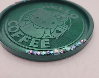 Resin coaster, cat coaster, kitty coaster, handmade coasters, individual coasters, coasters, cute coasters, green coasters, kawaii cat