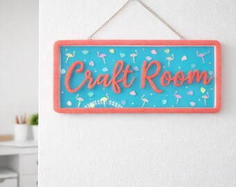 Craft room door sign, wall art, resin wall art, craft room decorations, tropical craft room sign, flamingo craft room sign, pink and blue