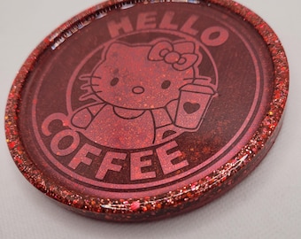 Resin coaster, cat coaster, kitty coaster, handmade coasters, individual coasters, coasters, cute coasters, red coasters, kawaii cat