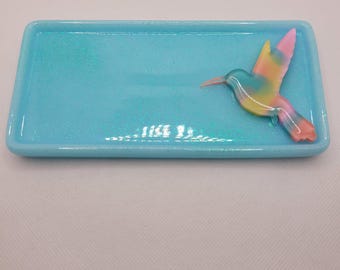 Hummingbird tray, resin tray,  catchall tray, resin tray, blue candy dish, bird decor, desk accessories, whimsical resin, Spring tray