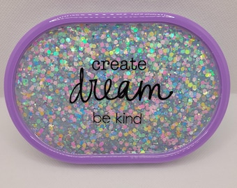Purple glitter resin tray, lavendar resin tray, resin catchall tray, vanity tray, dream theme, dream, glitter vanity tray, be kind, create