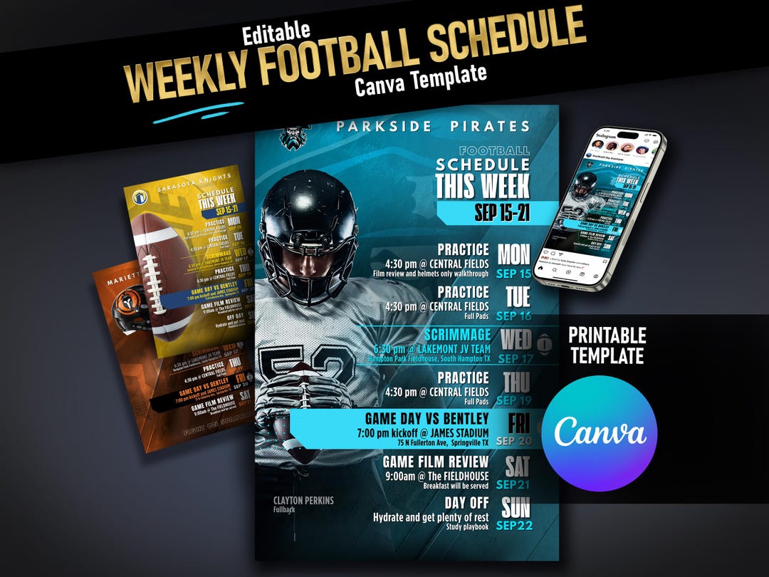 Visual Timetable Football Football Schedule Template: Editable Canva Weekly Schedule (digital ...