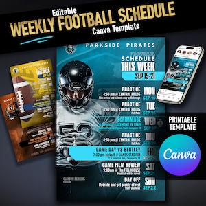 Puede incluir: Una plantilla imprimible de calendario de fútbol con el texto "Plantilla Canva de calendario de fútbol semanal editable". El calendario incluye horarios de práctica, día de juego y revisión de películas. Un teléfono inteligente muestra el calendario.