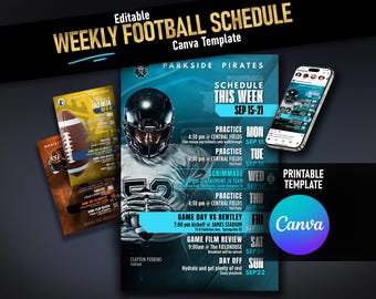 Puede incluir: Una plantilla imprimible de calendario de fútbol con el texto "Plantilla Canva de calendario de fútbol semanal editable". El calendario incluye horarios de práctica, día de juego y revisión de películas. Un teléfono inteligente muestra el calendario.