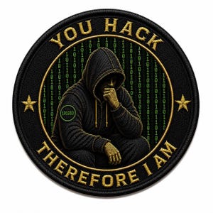 May include: A circular embroidered patch featuring a hooded figure in a black sweatshirt with a green binary code background. The text YOU HACK is at the top and THEREFORE I AM is at the bottom in gold thread, with two gold stars on the sides.