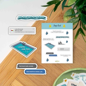 May include: A collection of stickers with various designs and text. One sticker features a swimming pool with the text "I ASKED FOR YOU." Other stickers include text bubbles, a text message, and the phrase "THE CALMEST OF WATERS."