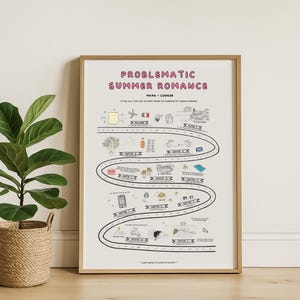 May include: A framed print with the title "Problematic Summer Romance" in pink, featuring a road map design with illustrations and text. The print includes "Maya + Connor" and chapter titles, with a quote at the bottom.
