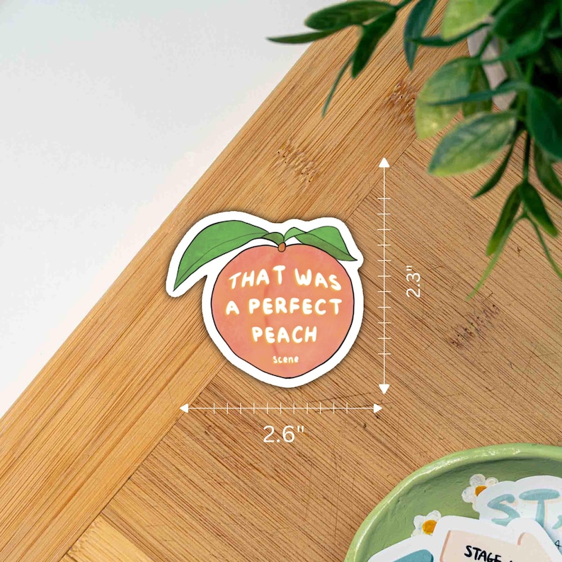 Pu&ograve; includere: Un adesivo a forma di pesca con la scritta bianca "THAT WAS A PERFECT PEACH". L'adesivo &egrave; largo 6,6 cm e alto 5,8 cm. L'adesivo ha una foglia verde e si trova su una superficie di legno.