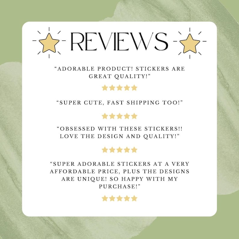 Pu&ograve; includere: Grafica rettangolare bianca con la parola "REVIEWS" in nero. La grafica include recensioni dei clienti con valutazioni a stelle. Le recensioni menzionano la qualit&agrave;, il design e l'accessibilit&agrave; degli adesivi.