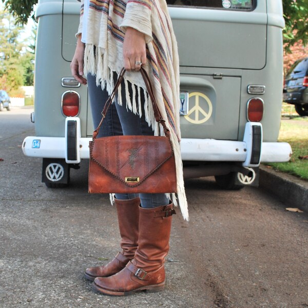 Vintage Tooled Meeker Made Brown Leather Purse Boho Handbag