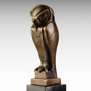 Bronze Sculpture of Owl, Art Deco Style, Bronze Statue Marble Base, Gift Idea, Wisdom Symbol Art Animal Figurine, Bauhaus Cubist Bird Figure