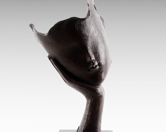 Bronze Sculpture Face on Hand Abstract Sculpture, Vintage Bronze Statue on Marble Base, Minimalist Bust Contemporary Art Mid Century Modern