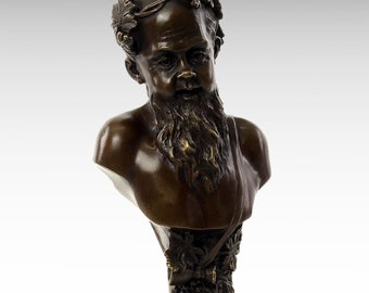 Escultura de bronce de Baco, busto de bronce antiguo del dios del vino sobre base de mármol, dios romano, mitología romana, mitos romanos, arte religioso antiguo