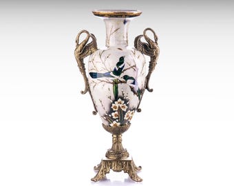 Large Porcelain Vase with Bronze Swans, Ceramic Vase Louis XVI Style Flower Vase, Hollywood Regency Art Nouveau Vase Gift Birds Flower Pot