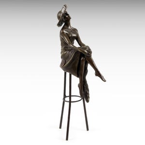 Bronze Sculpture of Woman in Dress Wearing Hat on Bar Stool, Boho Girl Solid Bronze Statue Metal Sculpture Art Minimalist Home Decor Gift