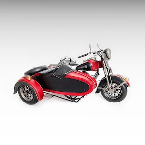 Motocicleta grande de metal rojo y negro con sidecar, modelo de motocicleta vintage, modelo de metal retro, decoración, juguete vintage, motocicleta, regalo, antiguo, Oldtimer