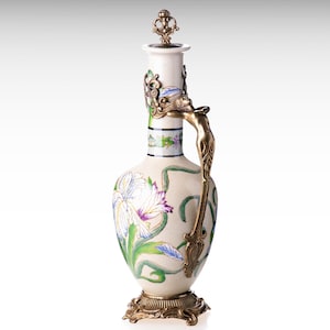 Art Nouveau Style Ceramic Wine Pitcher with Bronze Nymph Handle, Porcelain Pitcher Decanter Jugendstil Victorian Decor Water Jug Wine Gifts