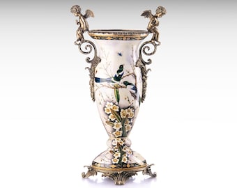 Grote porseleinen vaas met bronzen engeltjes, bloemenvaas keramische vaas Louis XVI-stijl, Hollywood Regency art nouveau-vaas cadeau engelbloempot