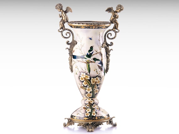 Large Porcelain Vase with Bronze Cherubs, Flower Vase Louis XVI Style Ceramic Vase, Hollywood Regency Art Nouveau Vase Gift Angel Flower Pot