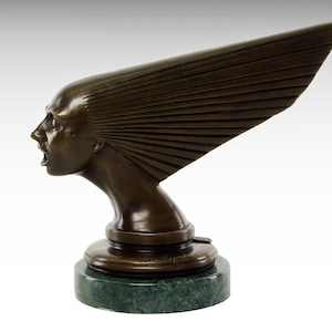 Art Deco Style Bronze Sculpture Victoire Spirit of the Wind by René Lalique, Modern Bronze Statue Marble Base, Classic Car Mascot Figurine