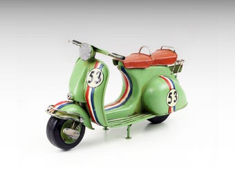 Modelo de scooter verde de metal, scooter Vespa vintage, réplica en miniatura de motocicleta, escultura de metal, modelo de scooter de metal, juguete de metal vintage retro