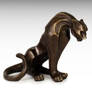 Grande estátua de pantera, escultura de bronze modernista, estátua de bronze de onça, arte animal cubista art déco, escultura de jardim de puma, presente de arte de jardim