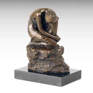 Bronze Sculpture of Dreaming Woman on Marble Base, Modern Bronze Statue Art Figurine Love Figure Interior Design Gift Kneeling Female Statue
