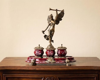 Bronze Mounted Porcelain Inkwell with Angel Statue, Art Nouveau Style Red Ceramic Inkstand, Luxury Office Desk Accessories Victorian Decor