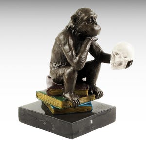 Bronze Sculpture of Darwin Monkey with Skull in Hand, Ape on Books Marble Base Modern Bronze Statue Art Philosophy Gift Idea Animal Figurine