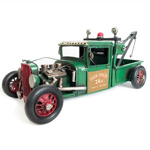 Rat Rod Tow Truck Car Metal Model, Vintage Art Wrecker Pickup Truck com motor exposto, Retro Recovery Vehicle Rustic Scale Model Cars Gift