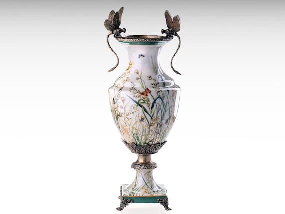 Large Porcelain Vase with Bronze Dragonflies, Bronze Mounted Ceramic Vase, Art Nouveau Vase Luxury Flower Vase Statue Unique Home Decor Gift