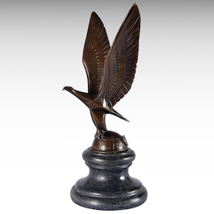Bronze Eagle Statue on Marble Base, Eagle on Globe Bronze Statue Art Deco Metal Sculpture Decor, Mid Century Modern Car Mascot Bird of Prey