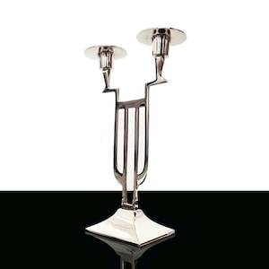 Elegant Aluminium Candle Holder, Art Deco Candlestick Holder, Silver Color Two Arms Candelabra Centerpiece Mid Century Modern MCM Bauhaus