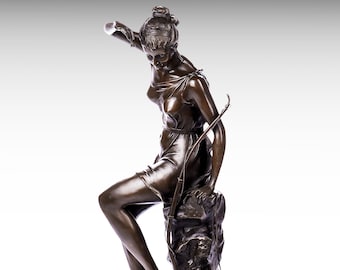 XXL 29” Bronze Sculpture of Diana the Huntress, Large Diana's Nymph Bronze Statue Marble Base Female Goddess with Bow Mythology Hunting Gift
