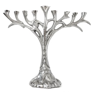 Aluminium Hanukkah Menorah Tree of Life Candle Holder, Silver Candlestick Holder 9 Branch Jewish Candelabra Centerpiece Judaica Art Decor