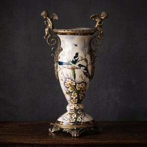 Large Porcelain Vase with Bronze Cherubs, Flower Vase Louis XVI Style Ceramic Vase, Hollywood Regency Art Nouveau Vase Gift Angel Flower Pot image 2