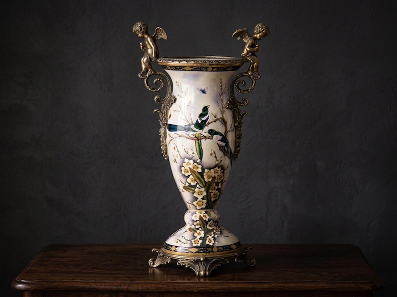 Large Porcelain Vase with Bronze Cherubs, Flower Vase Louis XVI Style Ceramic Vase, Hollywood Regency Art Nouveau Vase Gift Angel Flower Pot image 2