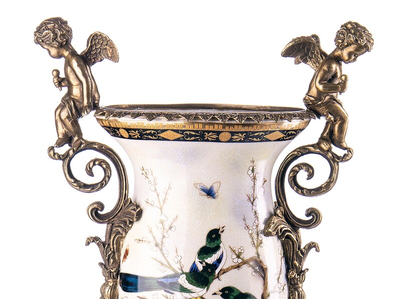 Large Porcelain Vase with Bronze Cherubs, Flower Vase Louis XVI Style Ceramic Vase, Hollywood Regency Art Nouveau Vase Gift Angel Flower Pot image 11