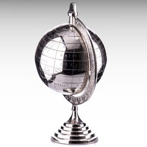 Mapa del mundo de metal grande, globo terráqueo plateado con soporte, adorno para oficina, biblioteca, decoración del hogar, MCM, estilo moderno de mediados de siglo.