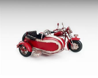 Red & White Metal Motorcycle with Sidecar Vintage Motorbike Model, Retro Metal Model Oldtimer Vintage Toy Motorcycle Gifts Mens Room Decor