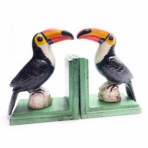Toucan Bird Cast Iron Bookends Unique Pair, Tropical Decor Exotic Animal Birds, Metal Bookends Modern Mid Century Book Shelf Decor Book Ends