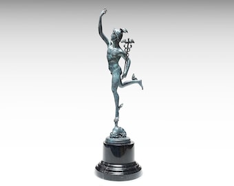 Patinated Bronze Sculpture Flying Mercury with Caduceus, Bronze Hermes Statue, Marble Base, Greek Mythology