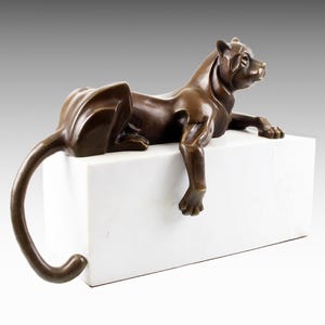 Estátua de pantera vintage escultura de bronze em base de mármore, estátua de bronze estatueta animal escultura art déco leopardo gato selvagem presente de inauguração de casa