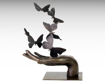 Hand Unleashing Butterflies Bronze Sculpture, Large Modern Bronze Statue Freedom Symbol, Butterfly Nature Art Wedding Gift Garden Sculpture
