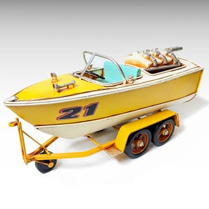 Vintage Motorboat on Trailer Metal Model, Boat Scale Model Replica Display Model Nautical Decor Spring Home Decor Housewarming Gift for Him
