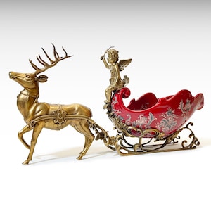 Grand bol de chariot de traîneau en bronze et porcelaine avec chérubin, ange et renne, cadeau de mariage de pièce maîtresse de Noël de décoration Art nouveau unique