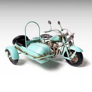 Aquamarine Metal Motorcycle with Sidecar Vintage Motorbike Model, Retro Metal Model Oldtimer Vintage Toy Motorcycle Gifts Mens Room Decor